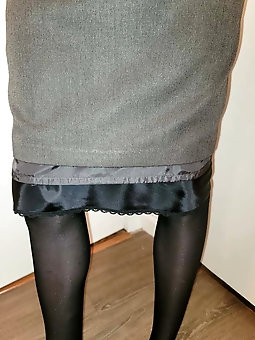 Grey Pencil Skirt with black silky half slip